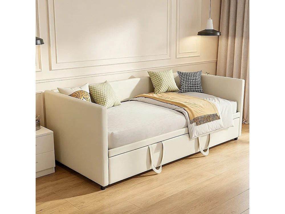 Lit d'invité - 90 / 180 x 200 cm- Tissu velours - Canapé-lit pliant polyfonctionnel extensible - Beige