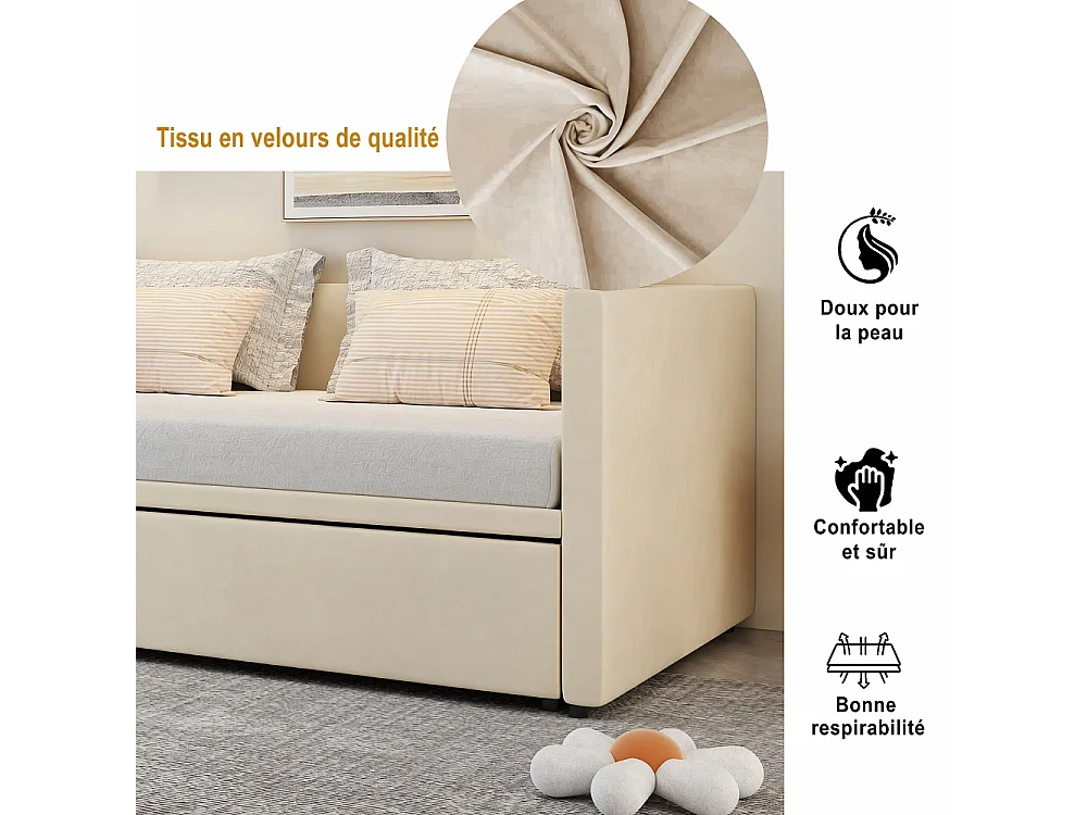 Lit d'invité - 90 / 180 x 200 cm- Tissu velours - Canapé-lit pliant polyfonctionnel extensible - Beige