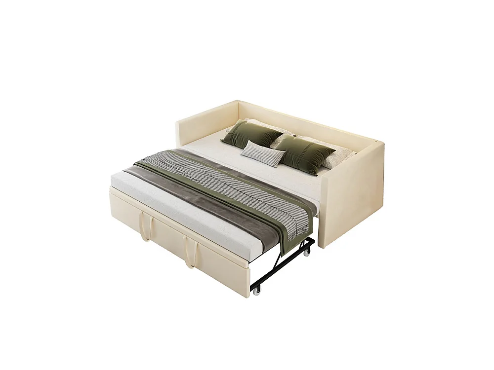 Lit d'invité - 90 / 180 x 200 cm- Tissu velours - Canapé-lit pliant polyfonctionnel extensible - Beige
