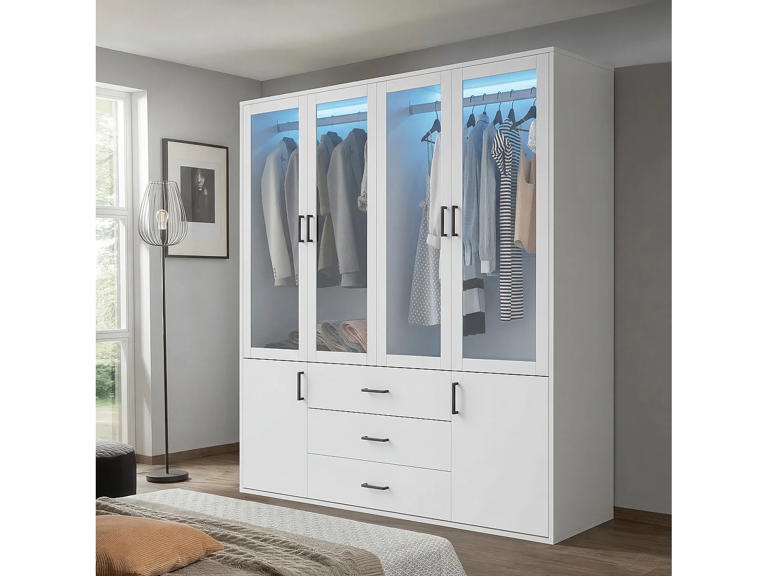 Witte hoekkast 6 deuren 3 laden met LED, 160x52x182 cm, kledingopslag voor volwassenen zonder spiegel