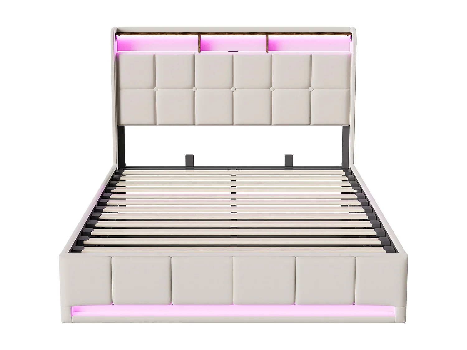 Lit avec rangement - 140 x 190 cm - avec chargement USB et éclairage LED - Tissu de lin - beige