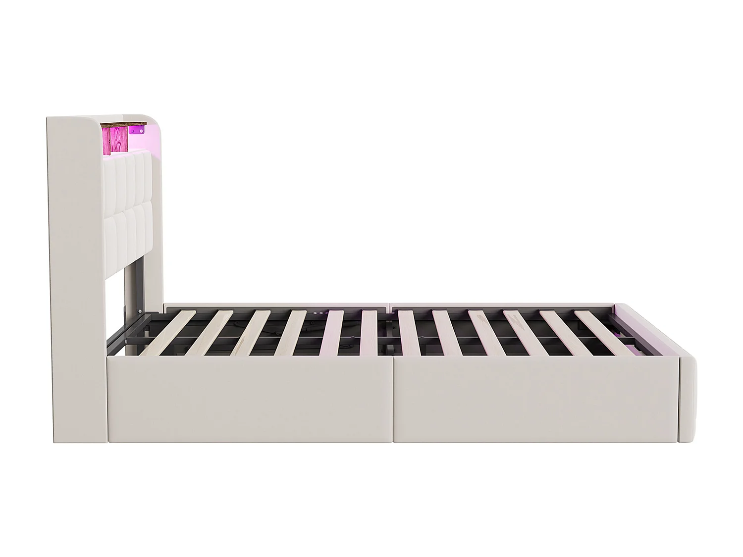 Lit avec rangement - 140 x 190 cm - avec chargement USB et éclairage LED - Tissu de lin - beige