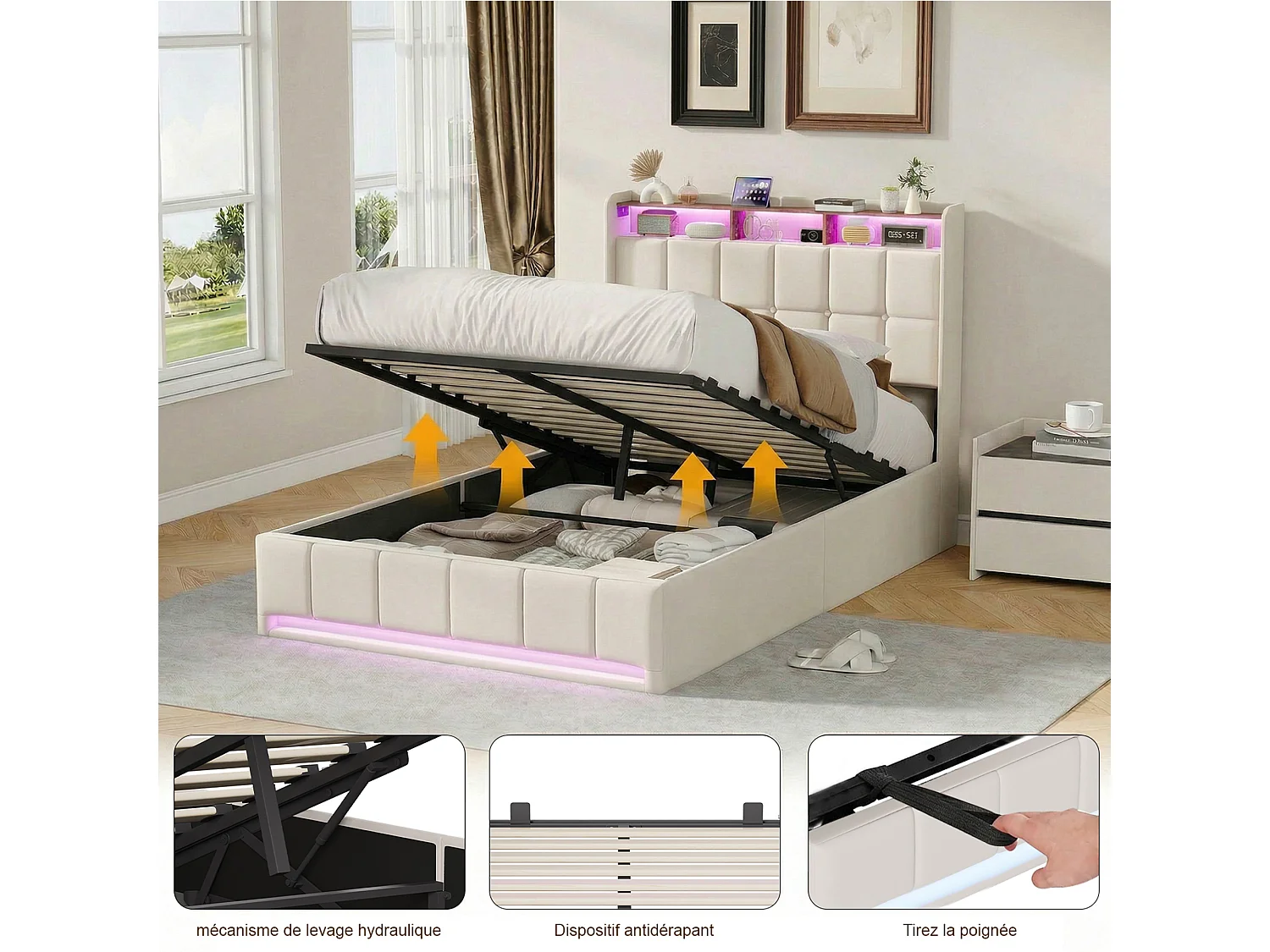 Lit avec rangement - 140 x 190 cm - avec chargement USB et éclairage LED - Tissu de lin - beige