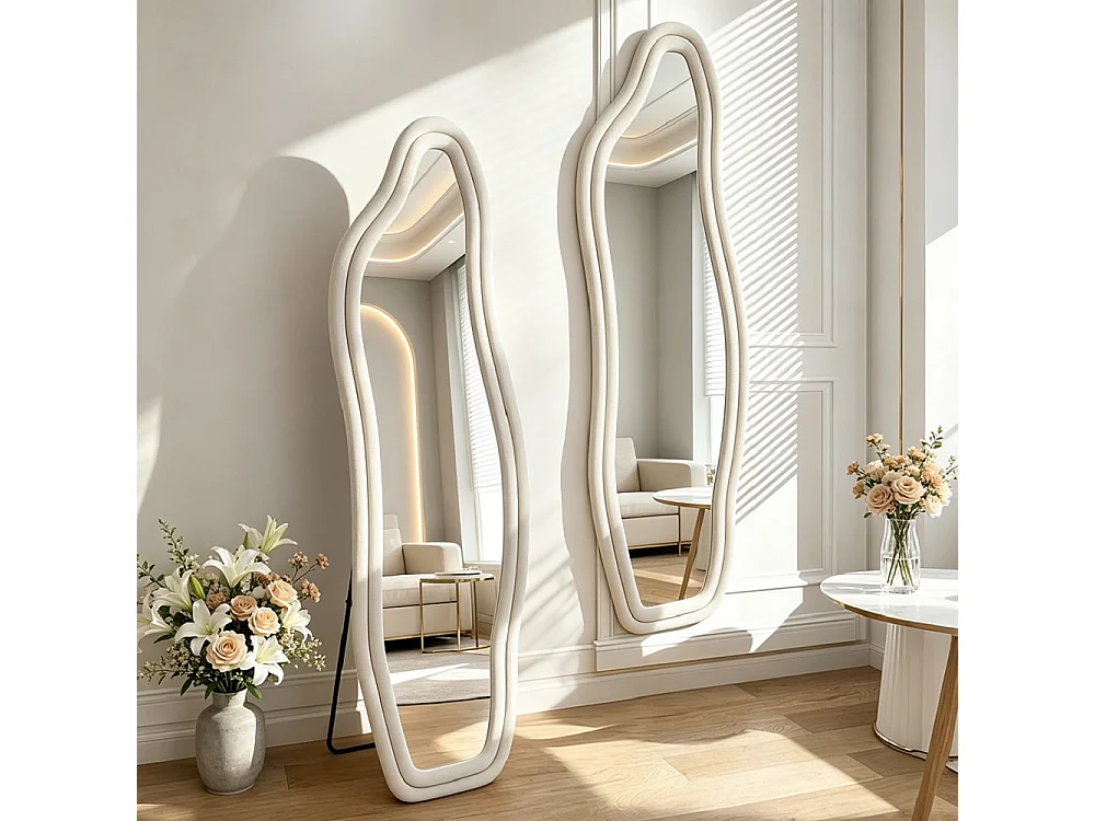 Miroir pleine longueur - 160 x 50 x 3 cm - Irrégulier en forme de dauphin - avec cadre en flanelle - Blanc