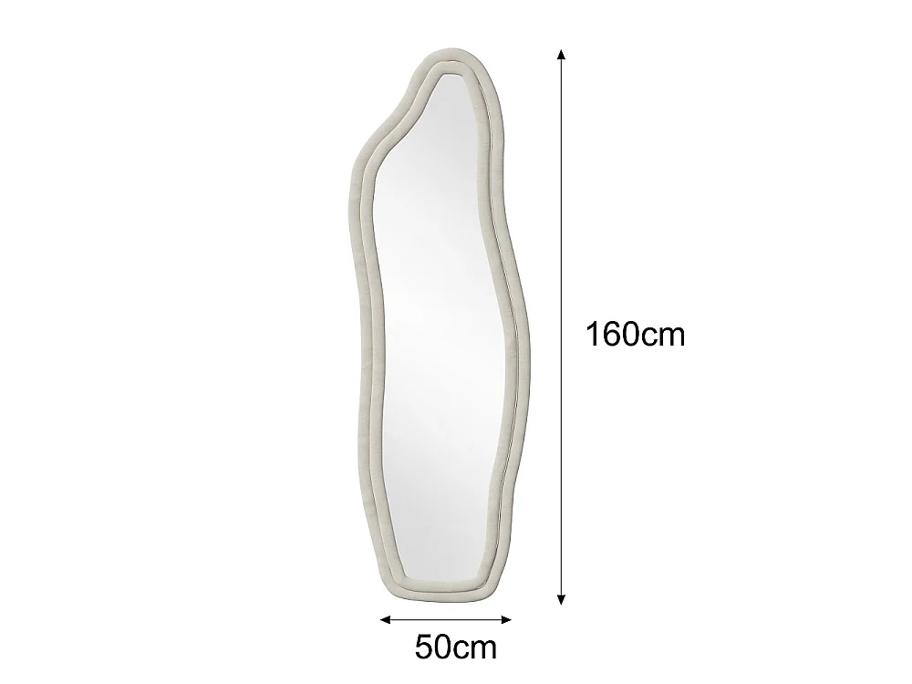 Miroir pleine longueur - 160 x 50 x 3 cm - Irrégulier en forme de dauphin - avec cadre en flanelle - Blanc