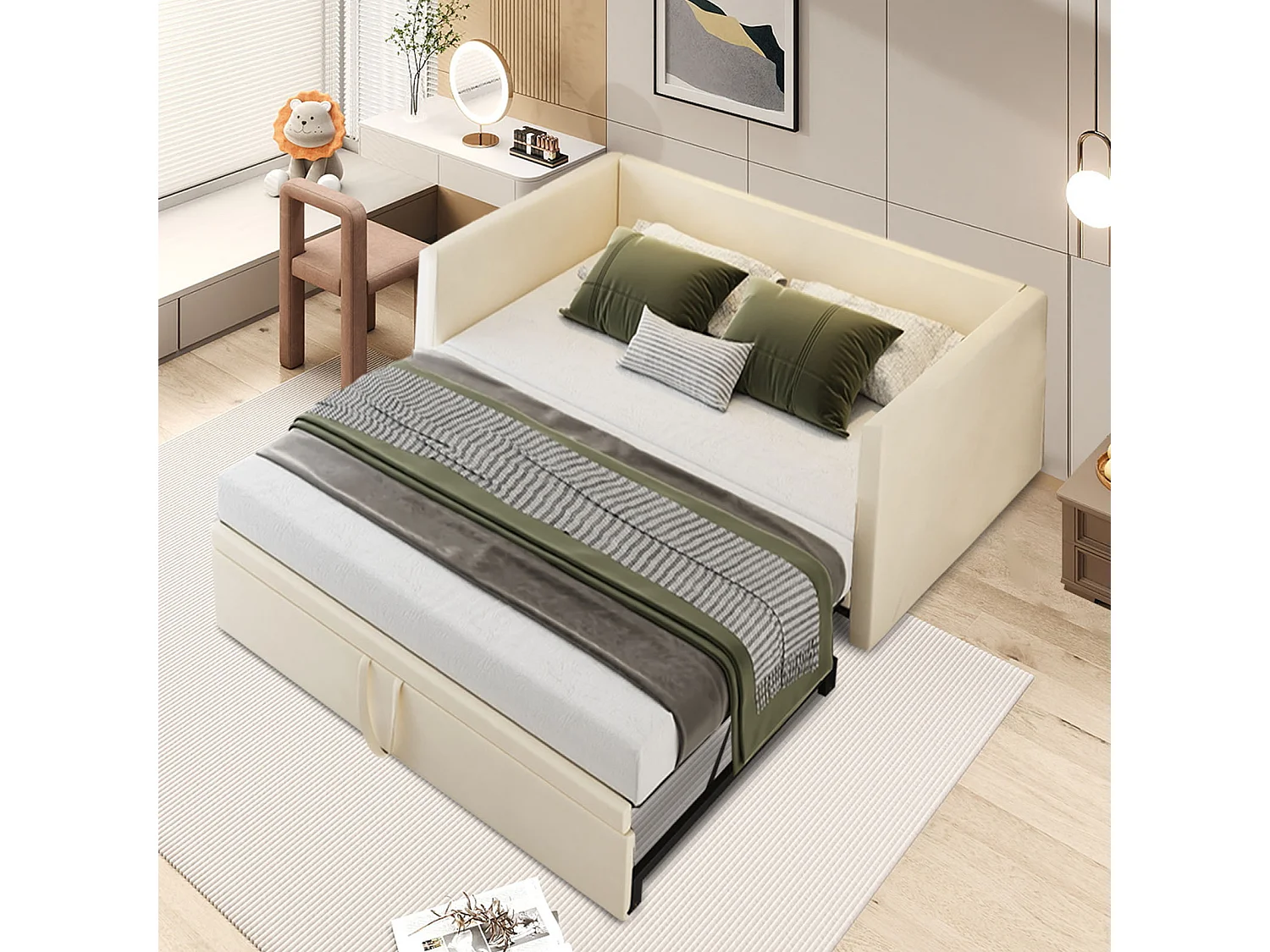 90 / 180 x 200 cm,Canapé-lit pliant - Tissu velours - Lits extensibles multifonctionnels - Beige