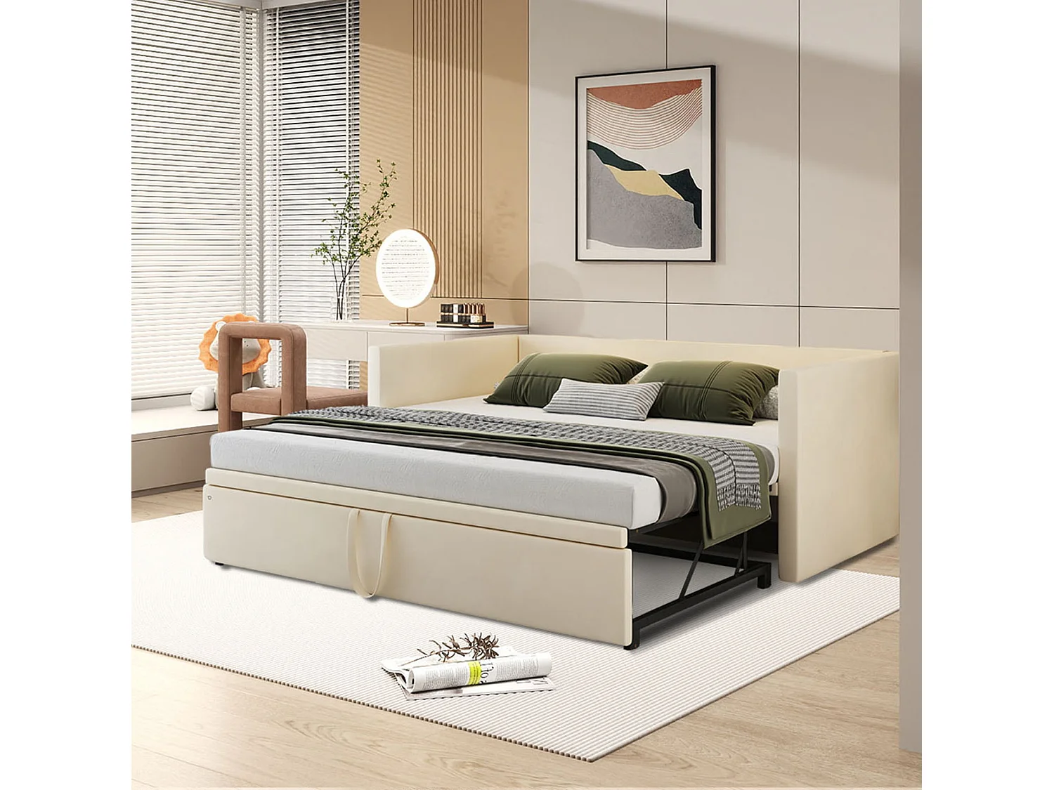 90 / 180 x 200 cm,Canapé-lit pliant - Tissu velours - Lits extensibles multifonctionnels - Beige