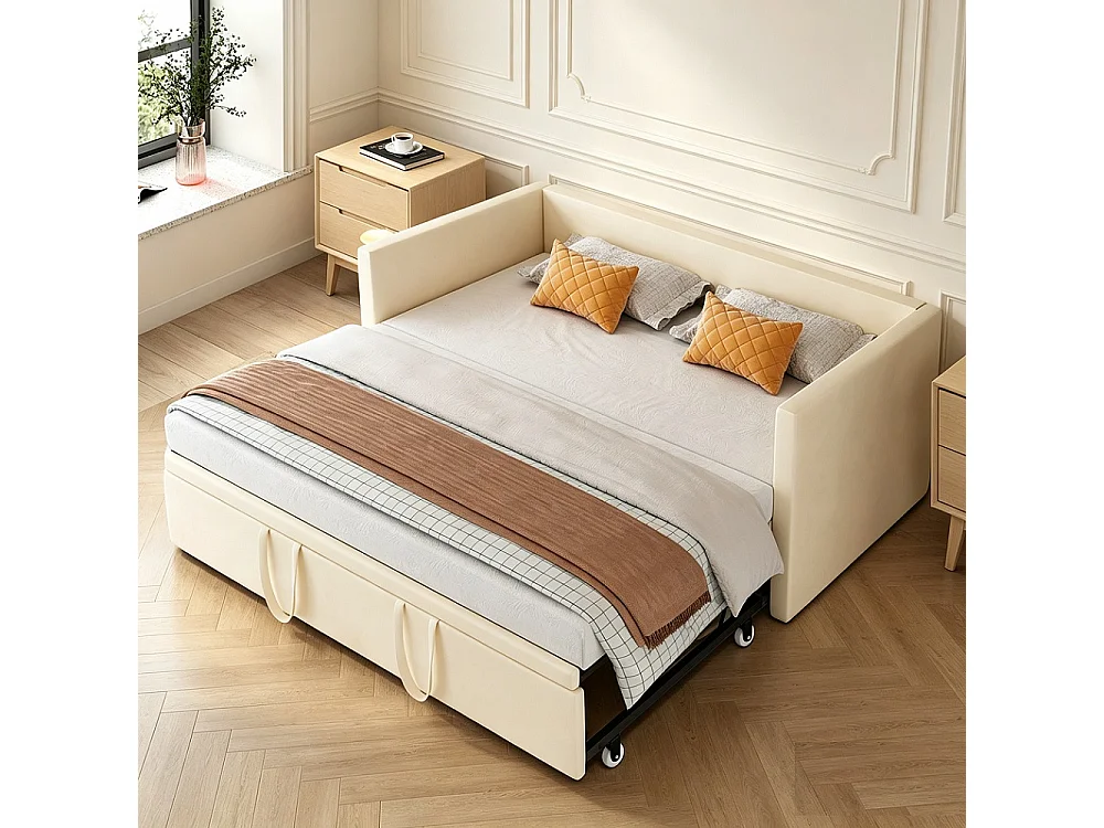 90 / 180 x 200 cm,Canapé-lit pliant - Tissu velours - Lits extensibles multifonctionnels - Beige