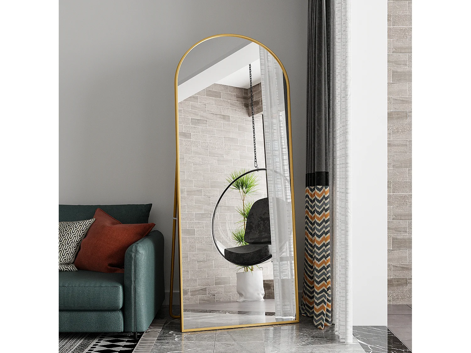 Miroir suspendu mural - 180 x 80 cm Miroir arcé pleine longueur - avec cadre en aluminium - Or