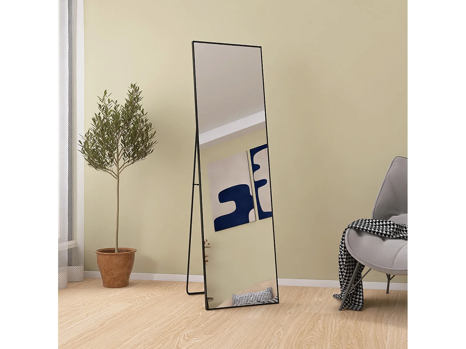 Miroir suspendu mural - 140x40cm Miroir pleine longueur - Rectangle avec cadre en métal - Noir