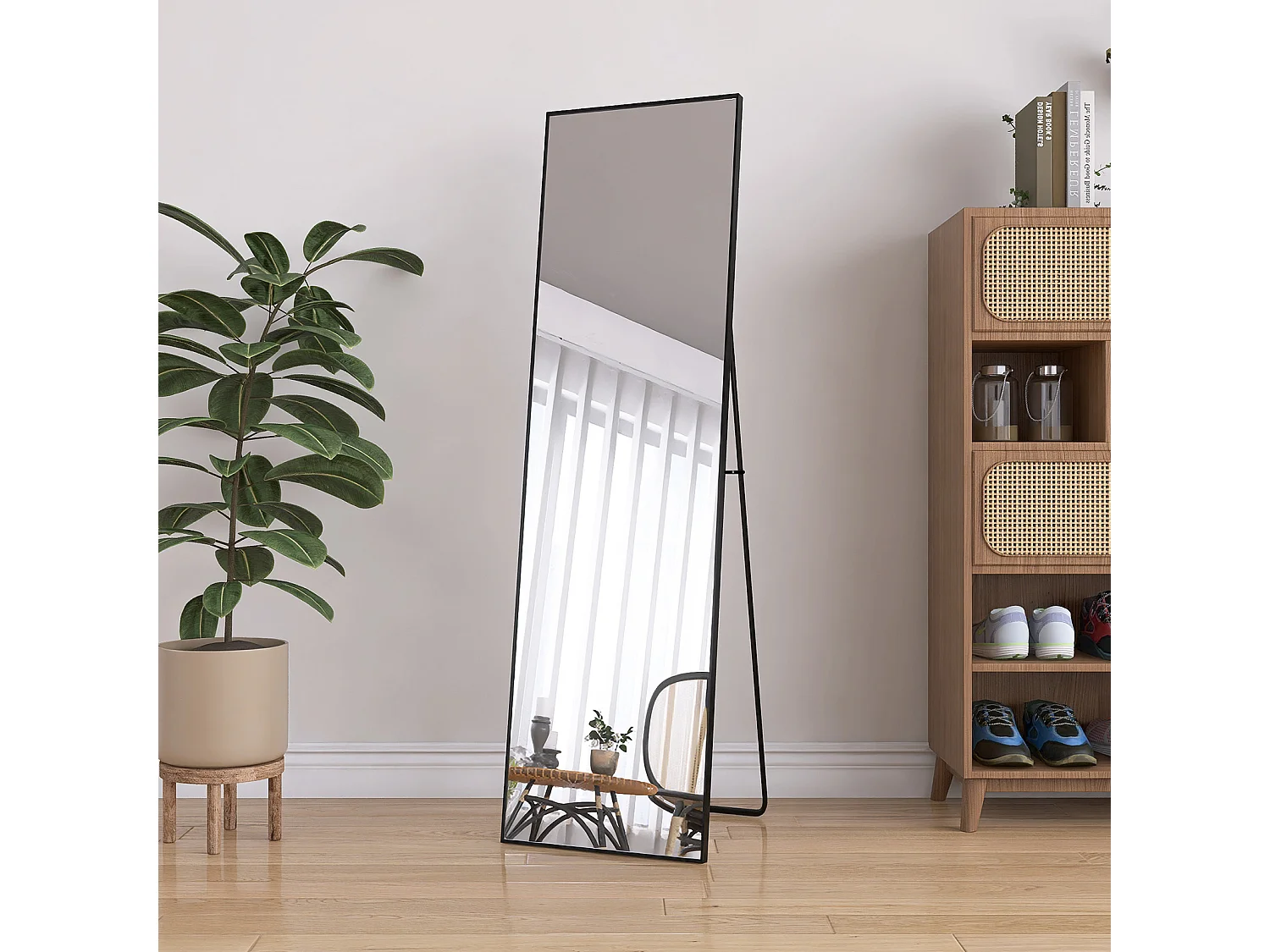 Miroir suspendu mural - 140x40cm Miroir pleine longueur - Rectangle avec cadre en métal - Noir