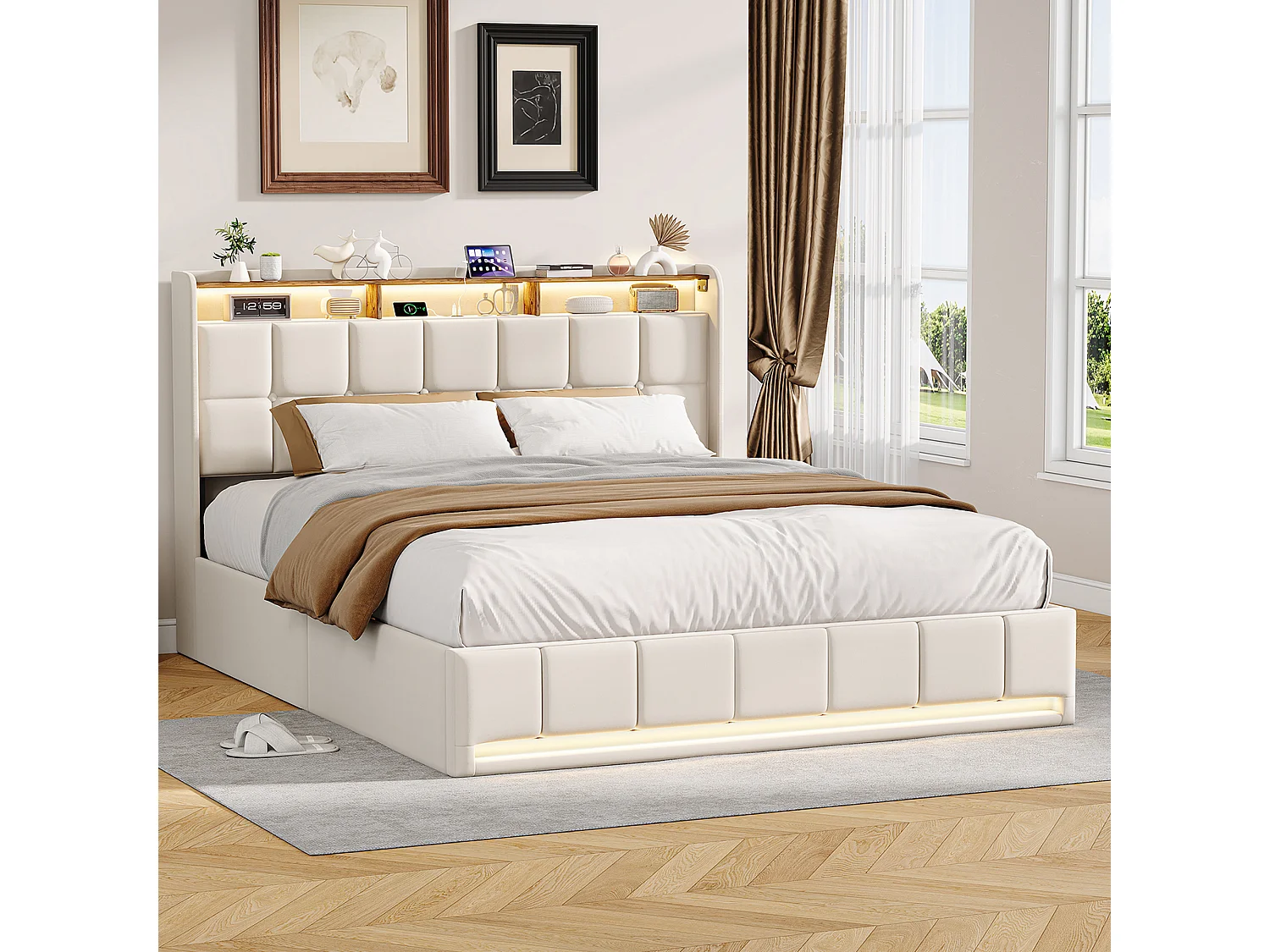 Lit avec rangement - 160 x 200 cm - avec chargement USB et éclairage LED - Tissu de lin - beige