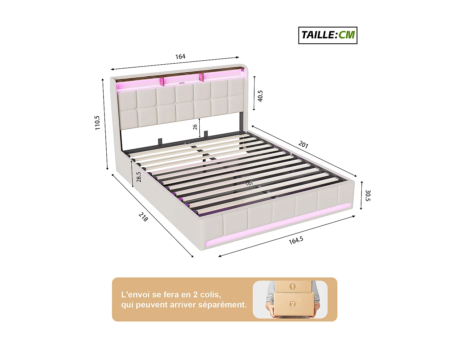 Lit avec rangement - 160 x 200 cm - avec chargement USB et éclairage LED - Tissu de lin - beige
