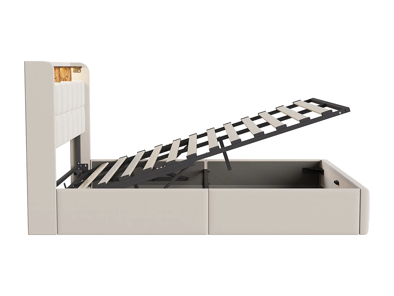 Lit avec rangement - 160 x 200 cm - avec chargement USB et éclairage LED - Tissu de lin - beige
