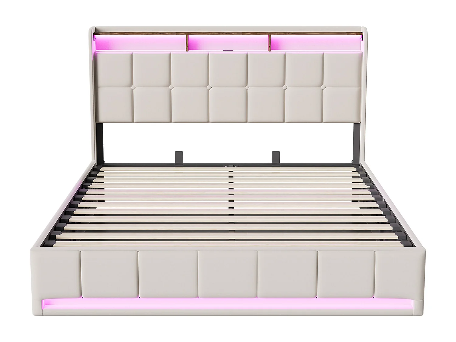 Lit avec rangement - 160 x 200 cm - avec chargement USB et éclairage LED - Tissu de lin - beige