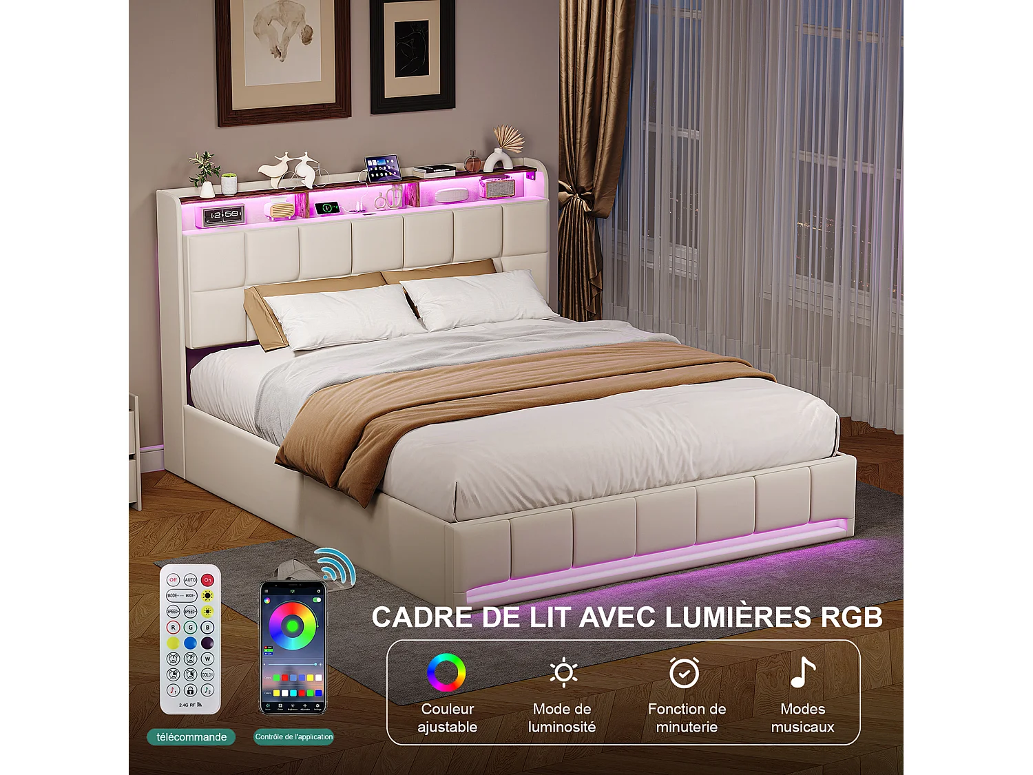 Lit avec rangement - 160 x 200 cm - avec chargement USB et éclairage LED - Tissu de lin - beige