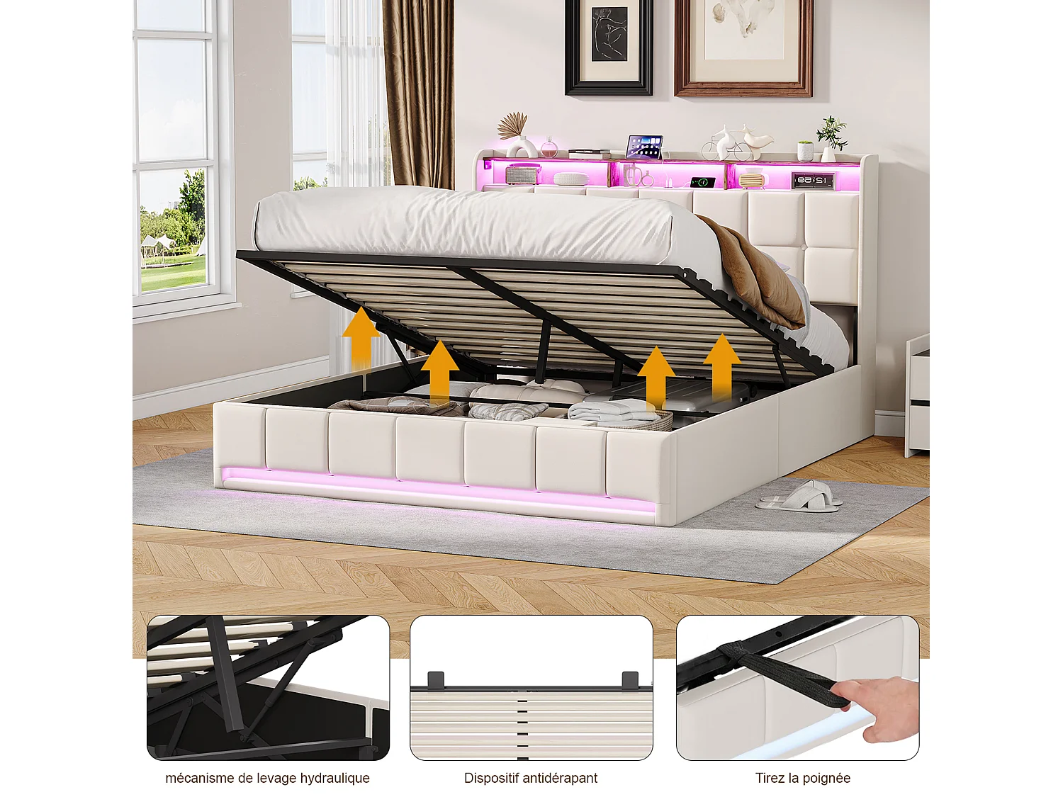 Lit avec rangement - 160 x 200 cm - avec chargement USB et éclairage LED - Tissu de lin - beige