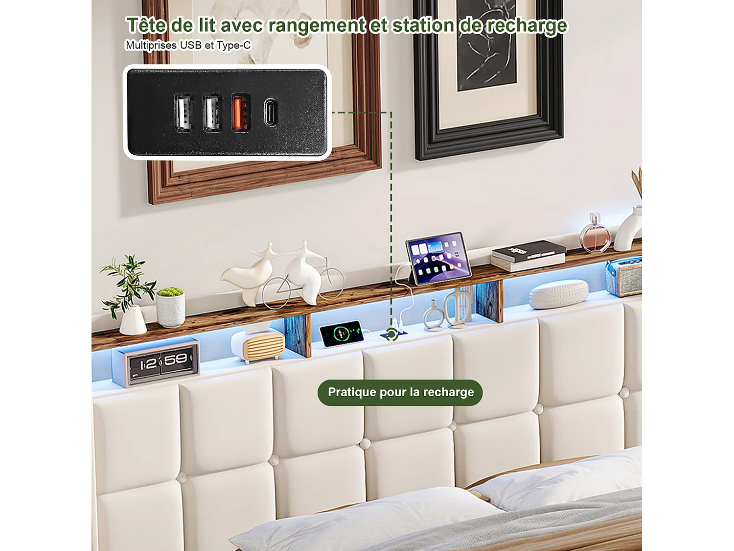 Lit avec rangement - 160 x 200 cm - avec chargement USB et éclairage LED - Tissu de lin - beige