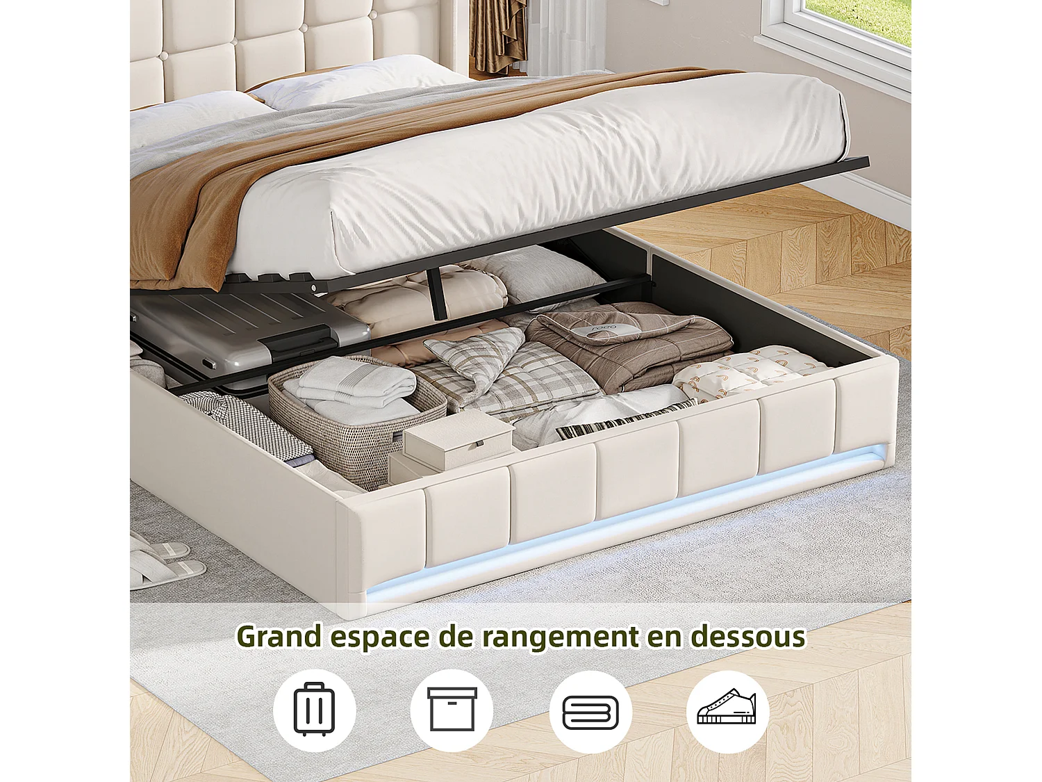 Lit avec rangement - 160 x 200 cm - avec chargement USB et éclairage LED - Tissu de lin - beige