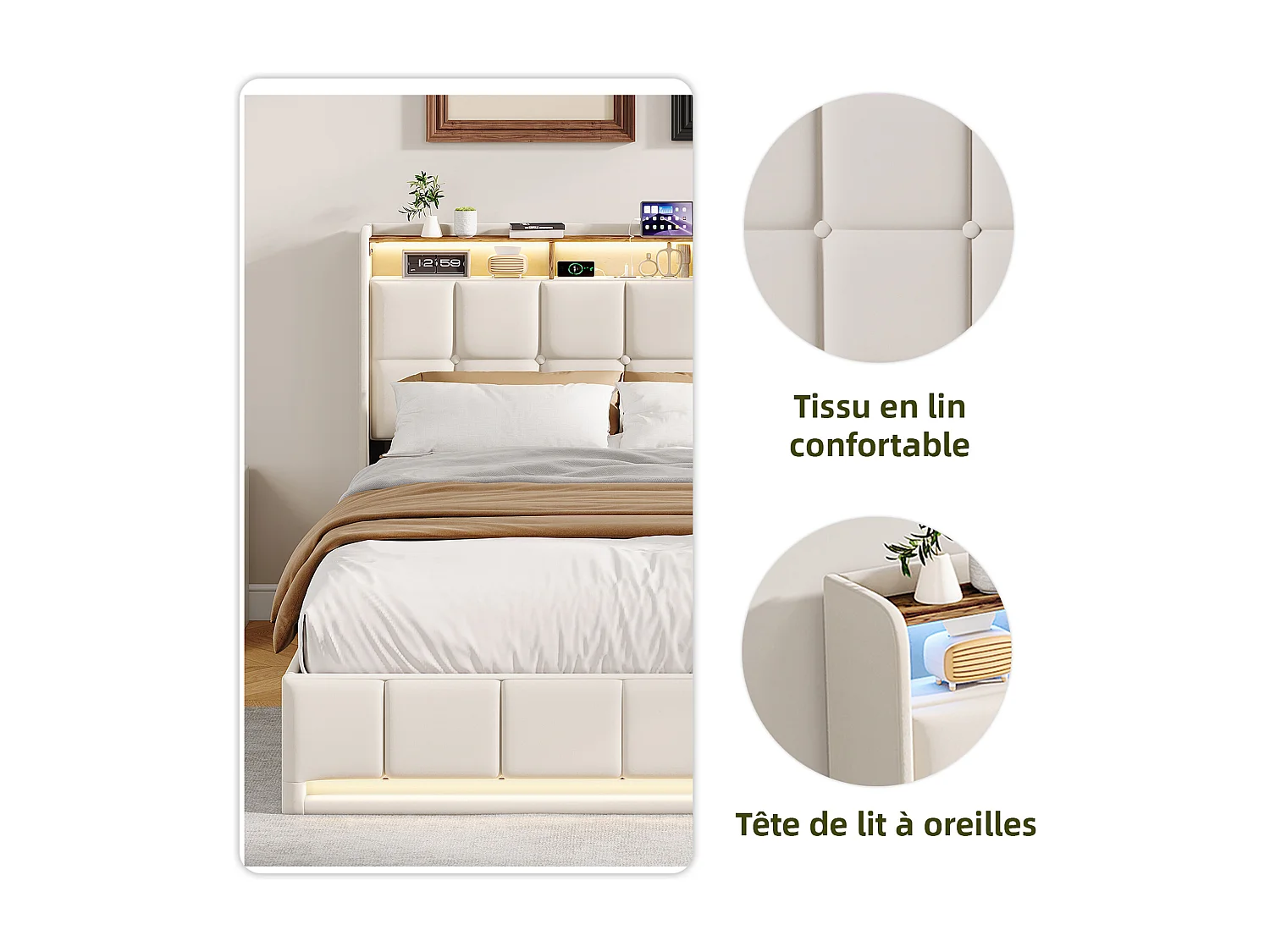 Lit avec rangement - 160 x 200 cm - avec chargement USB et éclairage LED - Tissu de lin - beige