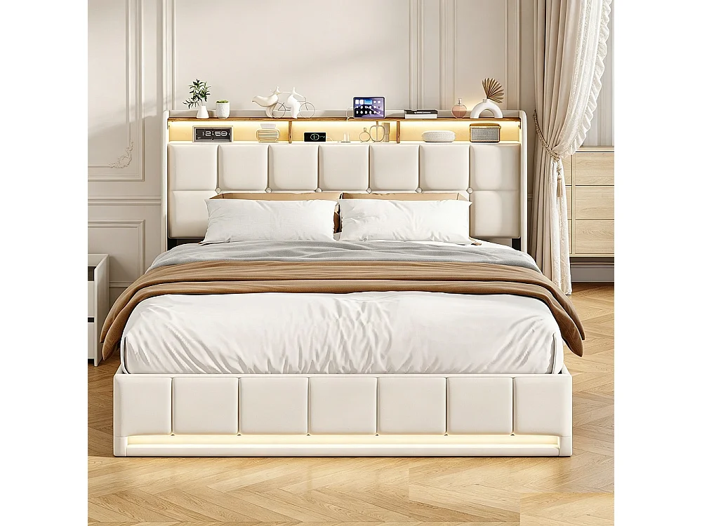 Lit avec rangement - 160 x 200 cm - avec chargement USB et éclairage LED - Tissu de lin - beige