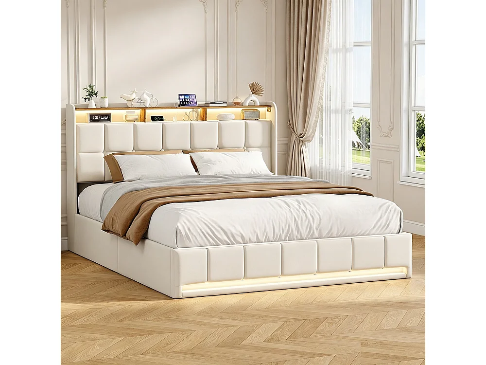 Lit avec rangement - 160 x 200 cm - avec chargement USB et éclairage LED - Tissu de lin - beige
