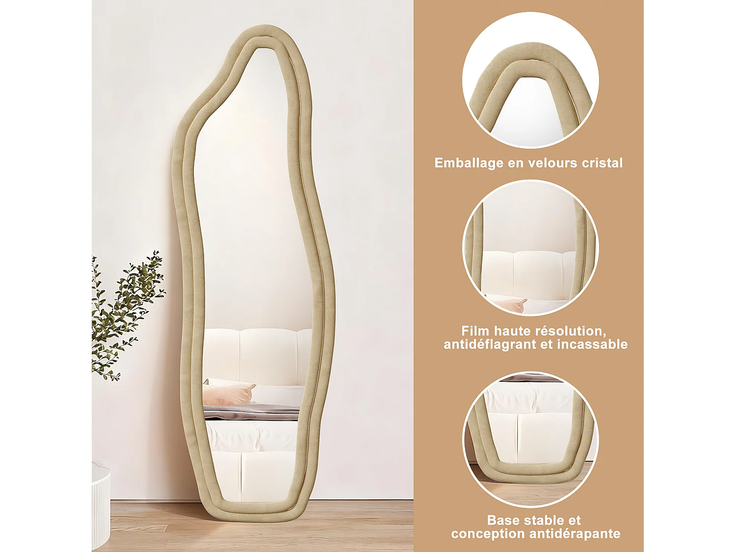 Miroir pleine longueur - 160 x 50 x 3 cm - Irrégulier en forme de dauphin - avec cadre en flanelle - jaune