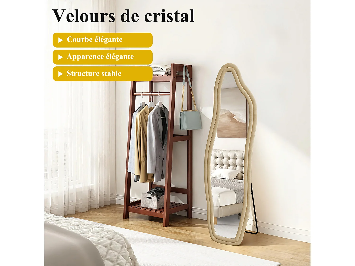 Miroir pleine longueur - 160 x 50 x 3 cm - Irrégulier en forme de dauphin - avec cadre en flanelle - jaune