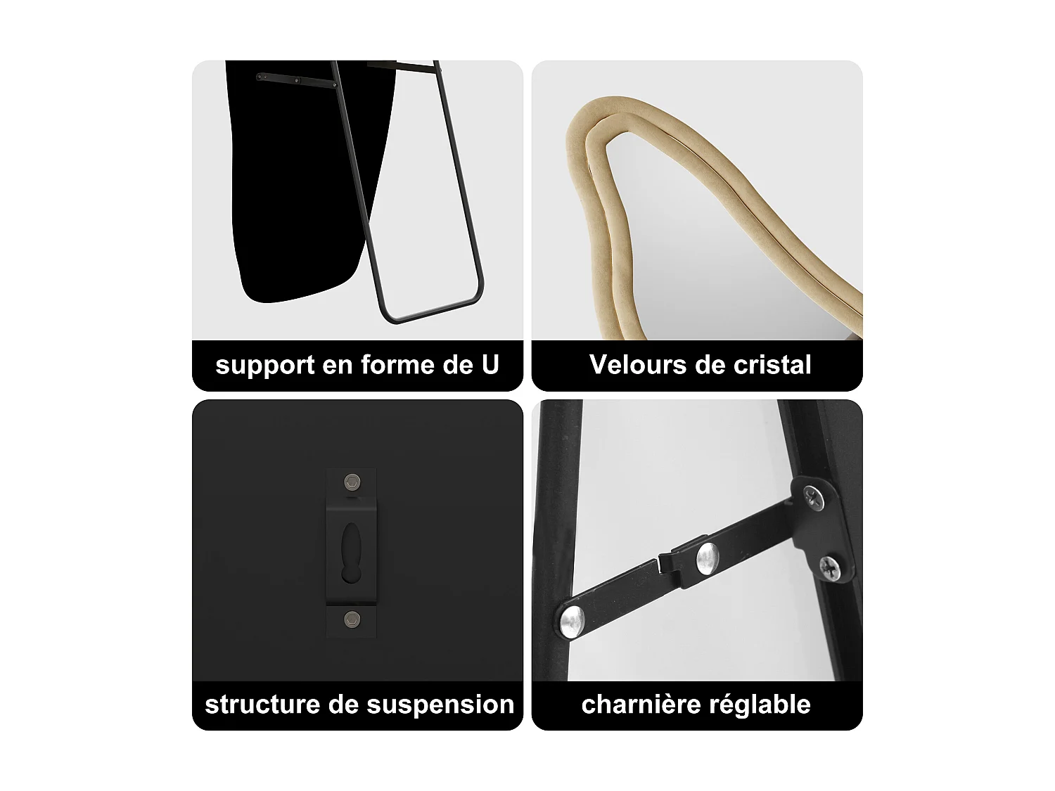 Miroir pleine longueur - 160 x 50 x 3 cm - Irrégulier en forme de dauphin - avec cadre en flanelle - jaune