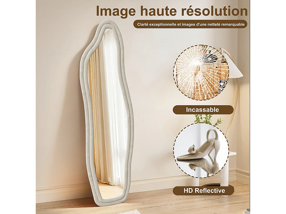 Miroir pleine longueur - 140 x 45 x 3 cm - Irrégulier en forme de dauphin - avec cadre en flanelle - Blanc