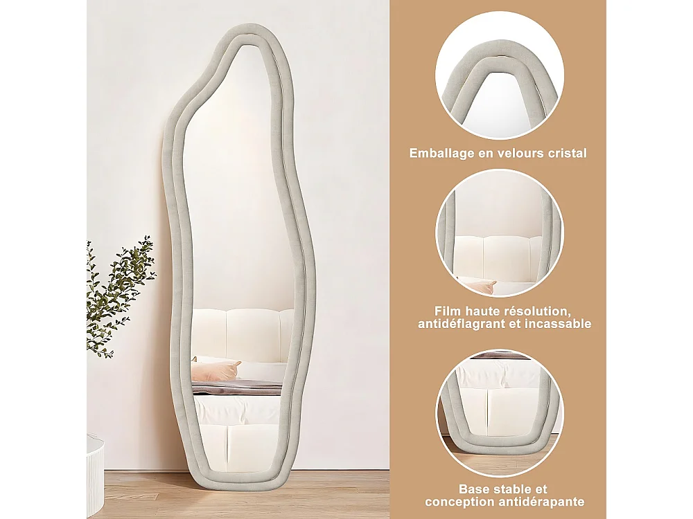 Miroir pleine longueur - 140 x 45 x 3 cm - Irrégulier en forme de dauphin - avec cadre en flanelle - Blanc