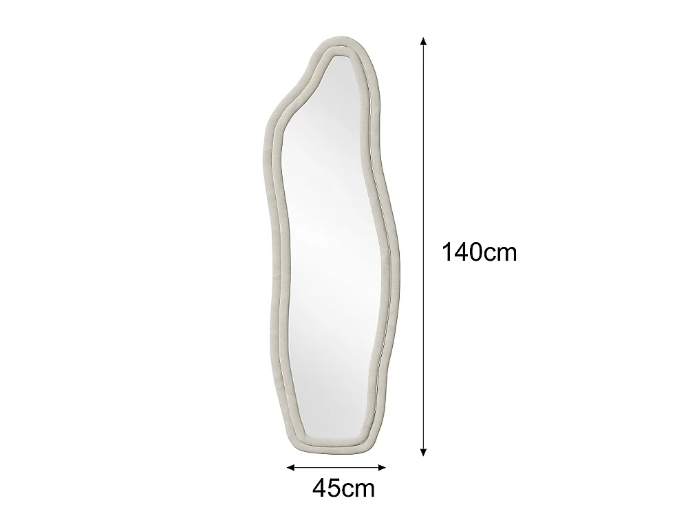 Miroir pleine longueur - 140 x 45 x 3 cm - Irrégulier en forme de dauphin - avec cadre en flanelle - Blanc