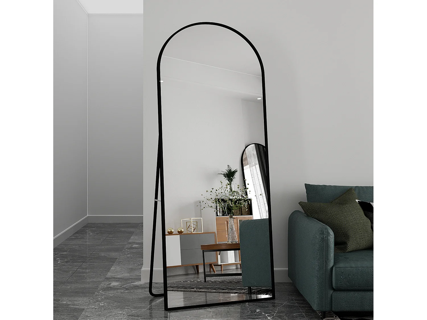 Miroir suspendu mural - 180 x 80 cm Miroir arcé pleine longueur - avec cadre en aluminium - noir
