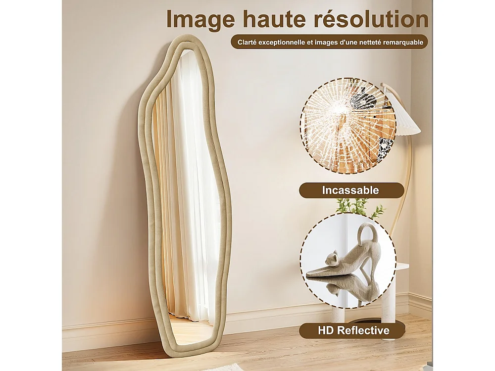 Miroir pleine longueur - 140 x 45 x 3 cm - Irrégulier en forme de dauphin - avec cadre en flanelle - jaune