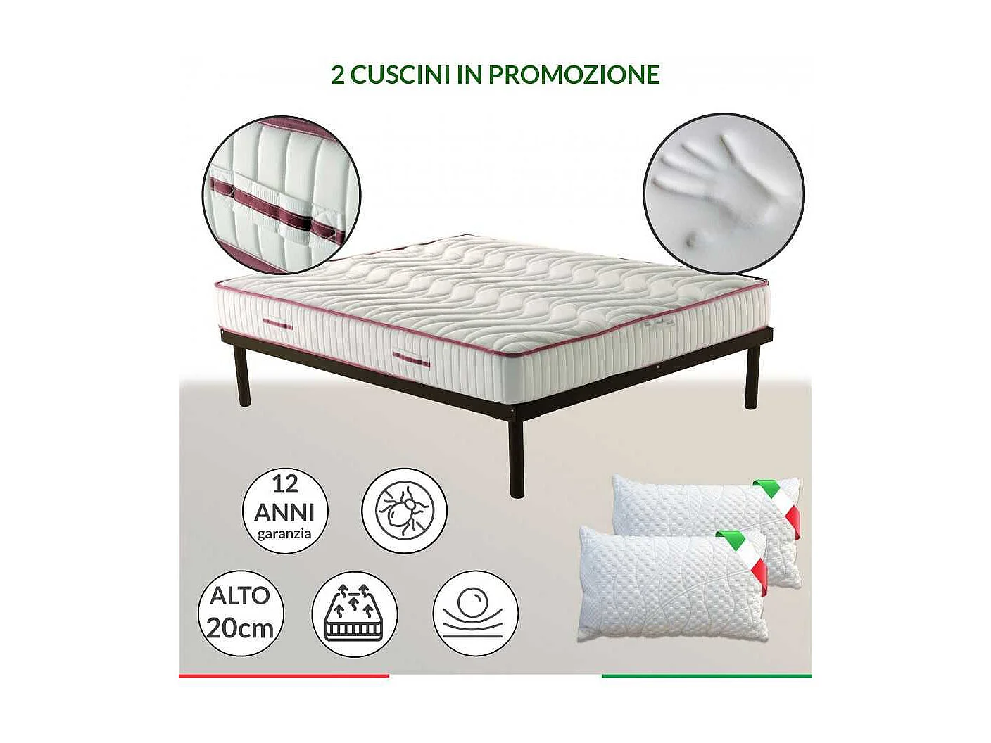 Memory Nature H20cm mit 4cm Memory + KISSEN und widerstandsfähigem, hypoallergenem Stoff. ABNEHMBARER MATRATZE Einzelbett 90x200
