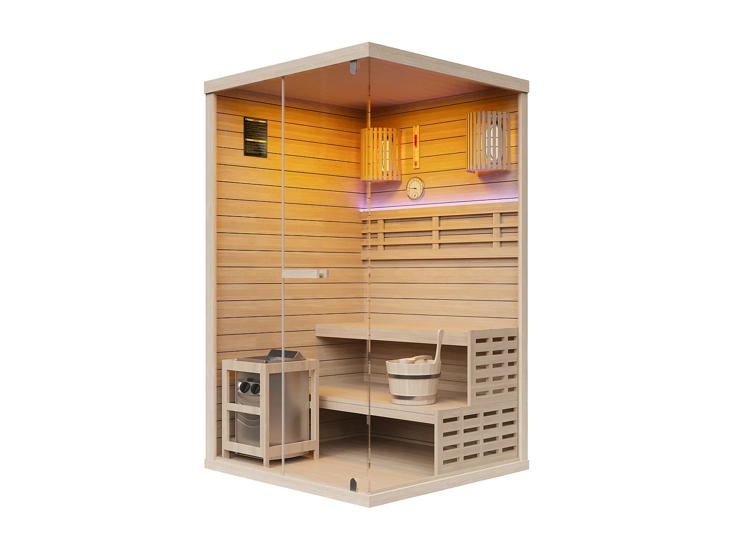 Sauna finlandais vitré à leds avec poêle 3,5KW - 1/2 places - L120 x P120 x H200 cm - SELKI