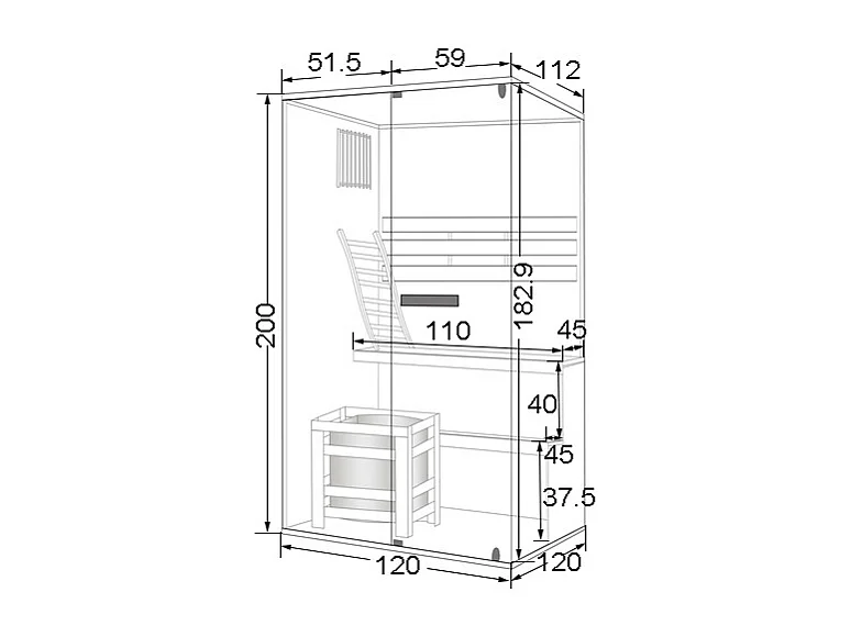 Finsk glassauna med LED-lys og ovn 3,5 KW - 1/2 personer - B120 x D120 x H200 cm - SELKI