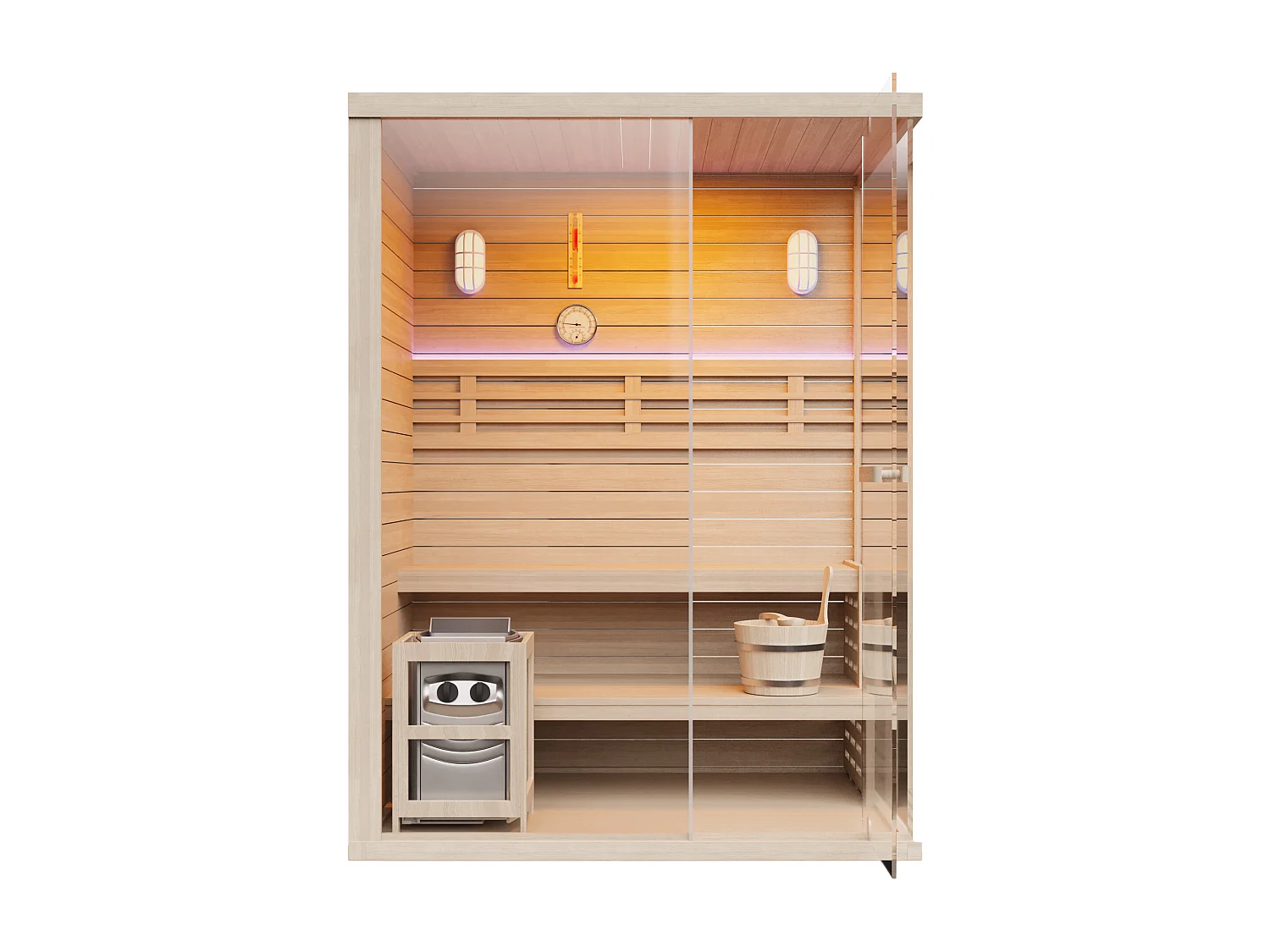 Sauna finlandais vitré à leds avec poêle 4,5KW - 2/3 places - L150 x P120 x H200 cm - SELKI