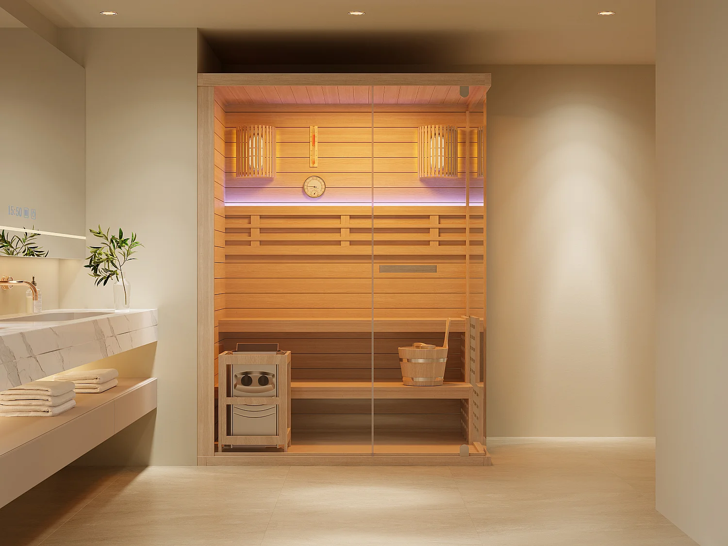 Sauna finlandais vitré à leds avec poêle 4,5KW - 2/3 places - L150 x P120 x H200 cm - SELKI