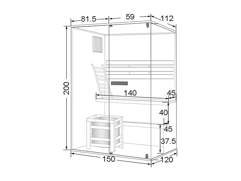 Finsk glassauna med LED-lys og 4,5KW ovn - 2/3 plasser - B150 x D120 x H200 cm - SELKI