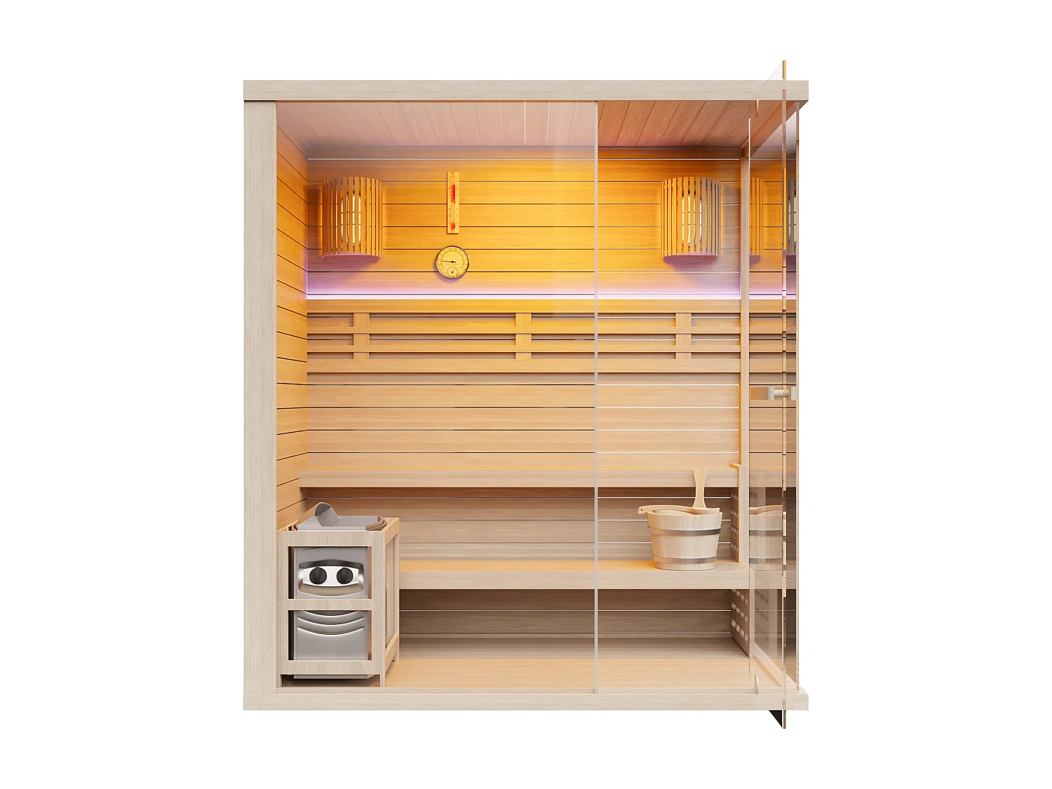 Sauna finlandais vitré à leds avec poêle 6KW - 4/5 places - L180 x P120 x H200 cm - SELKI