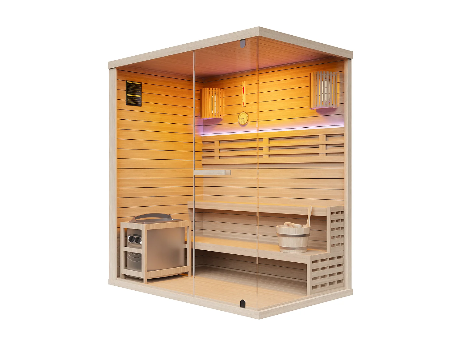 Sauna finlandais vitré à leds avec poêle 6KW - 4/5 places - L180 x P120 x H200 cm - SELKI