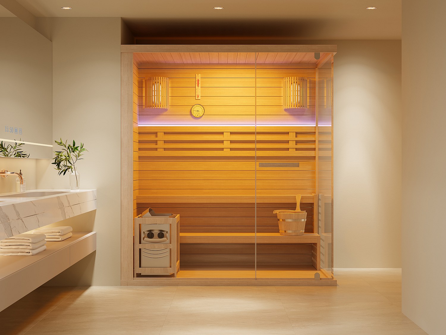 Finsk glasad bastu med LED och 6KW-ugn - 4/5 platser - B180 x D120 x H200 cm - SELKI