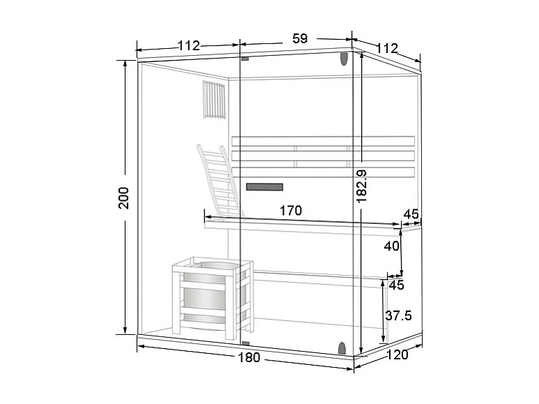 Finnische Glas-Sauna mit LED-Beleuchtung und 6KW-Ofen - 4/5 Personen - B180 x T120 x H200 cm - SELKI