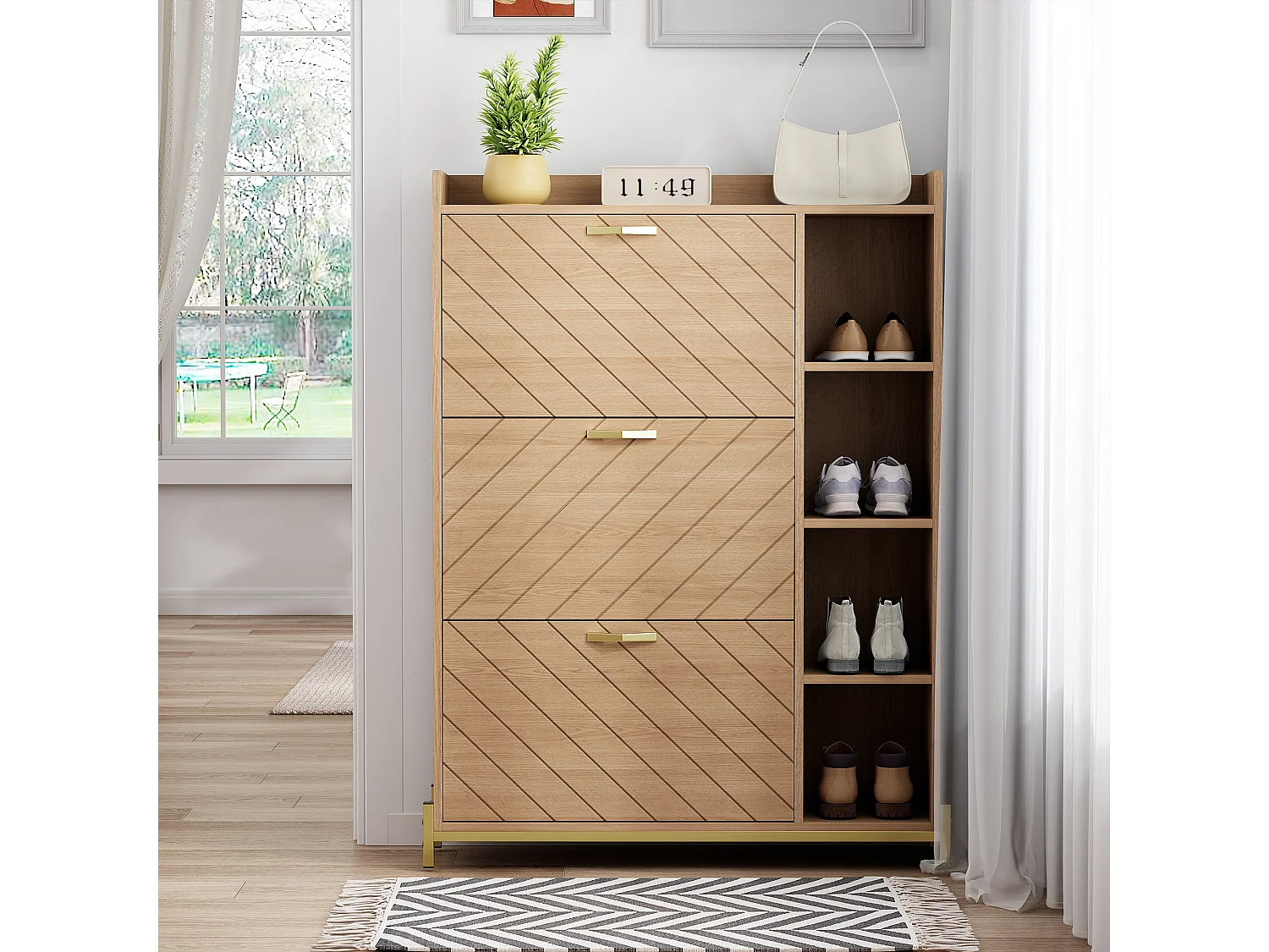 Schuhschrank 90x24x119 cm - Mit 3 Türen - Offene Seitengestelle - Eichen-Oberfläche - MDF + Metall - Natur