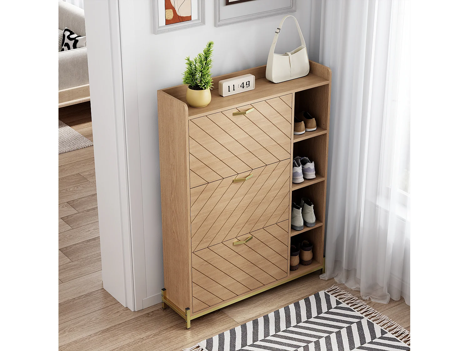 Schuhschrank 90x24x119 cm - Mit 3 Türen - Offene Seitengestelle - Eichen-Oberfläche - MDF + Metall - Natur