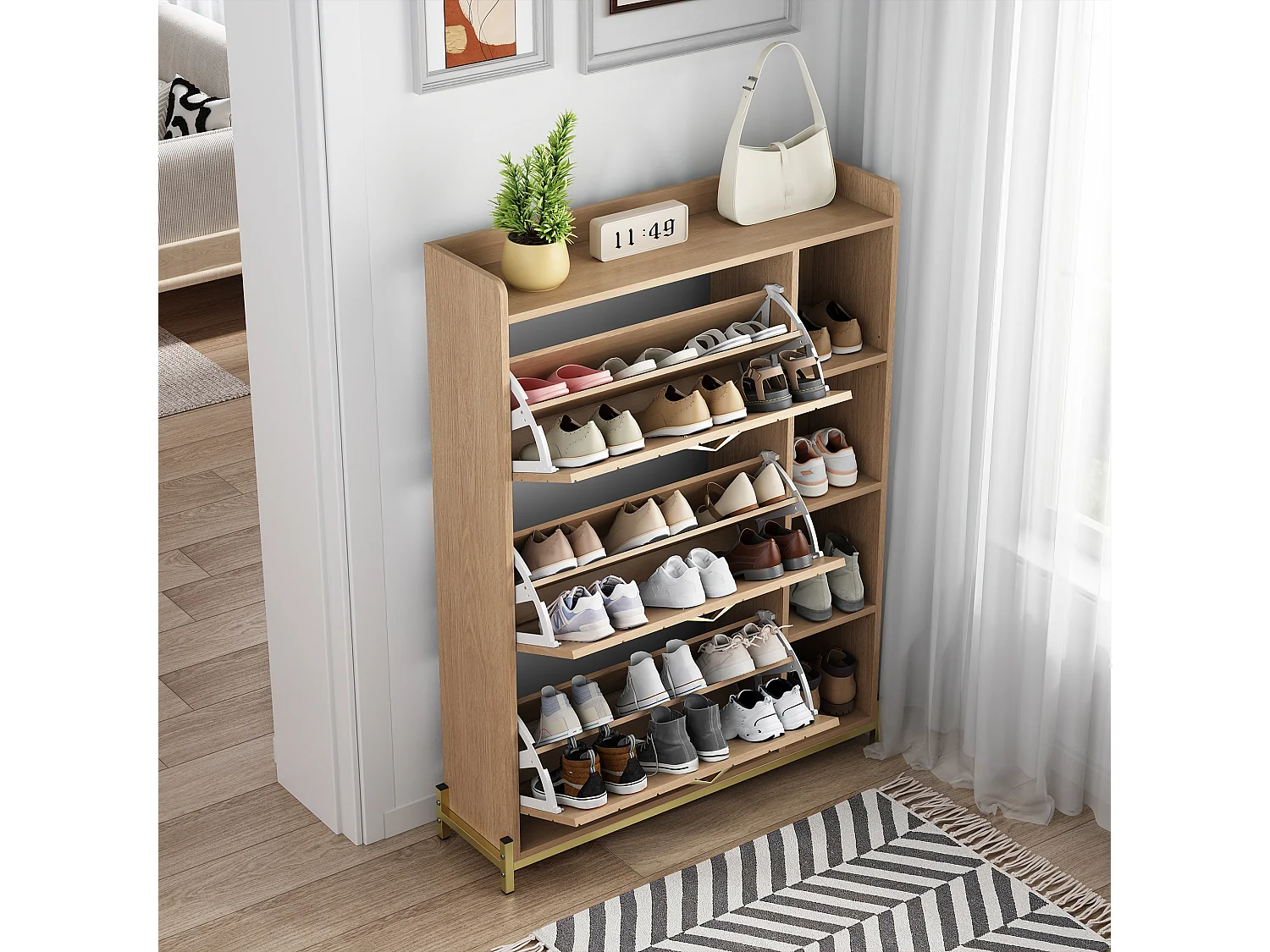 Schuhschrank 90x24x119 cm - Mit 3 Türen - Offene Seitengestelle - Eichen-Oberfläche - MDF + Metall - Natur