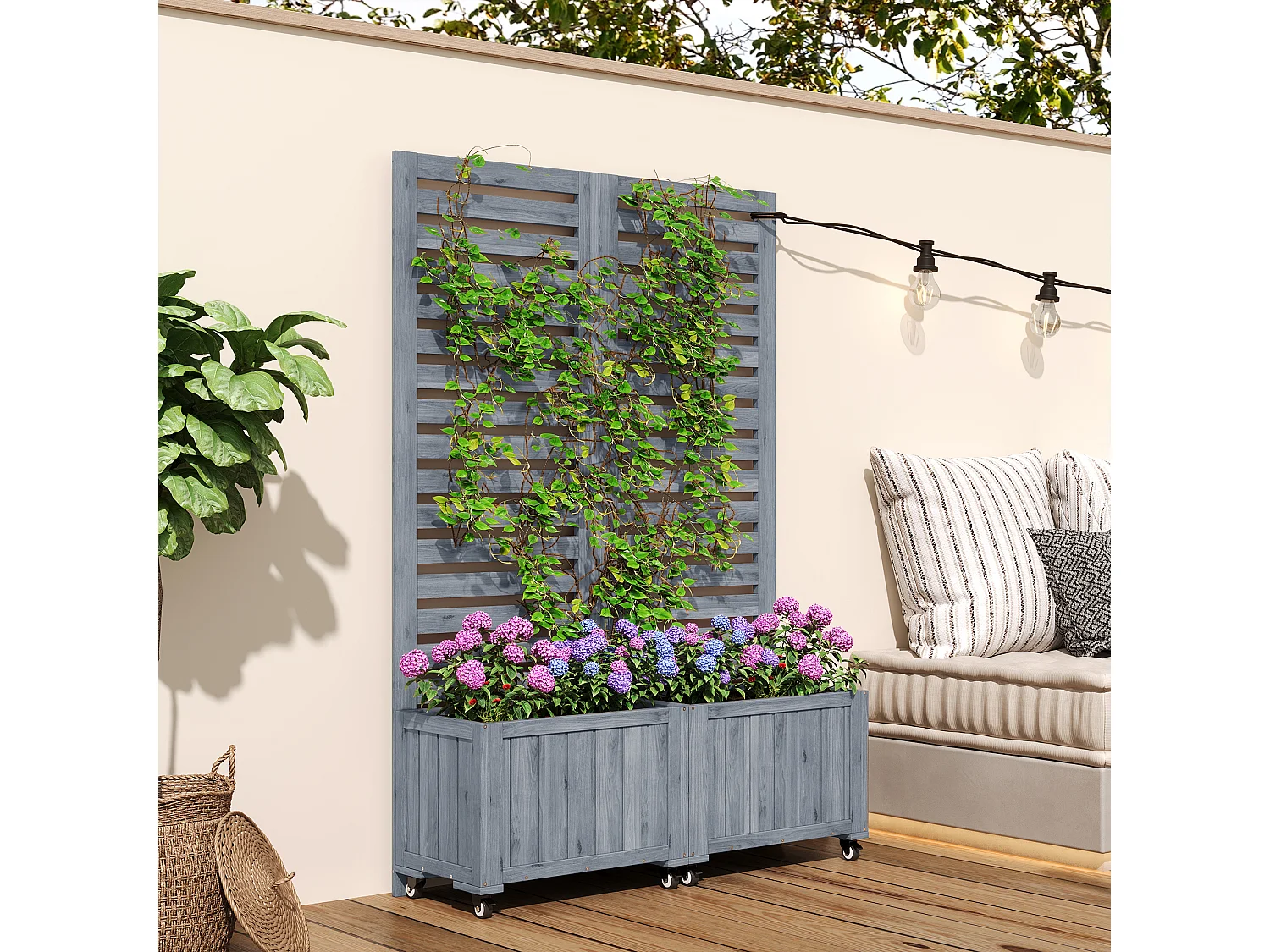 Double Jardinière avec Treillis en Bois de Sapin Massif - Brise-vue Mobile sur Roulettes - 102 x 32 x 152 cm - Gris