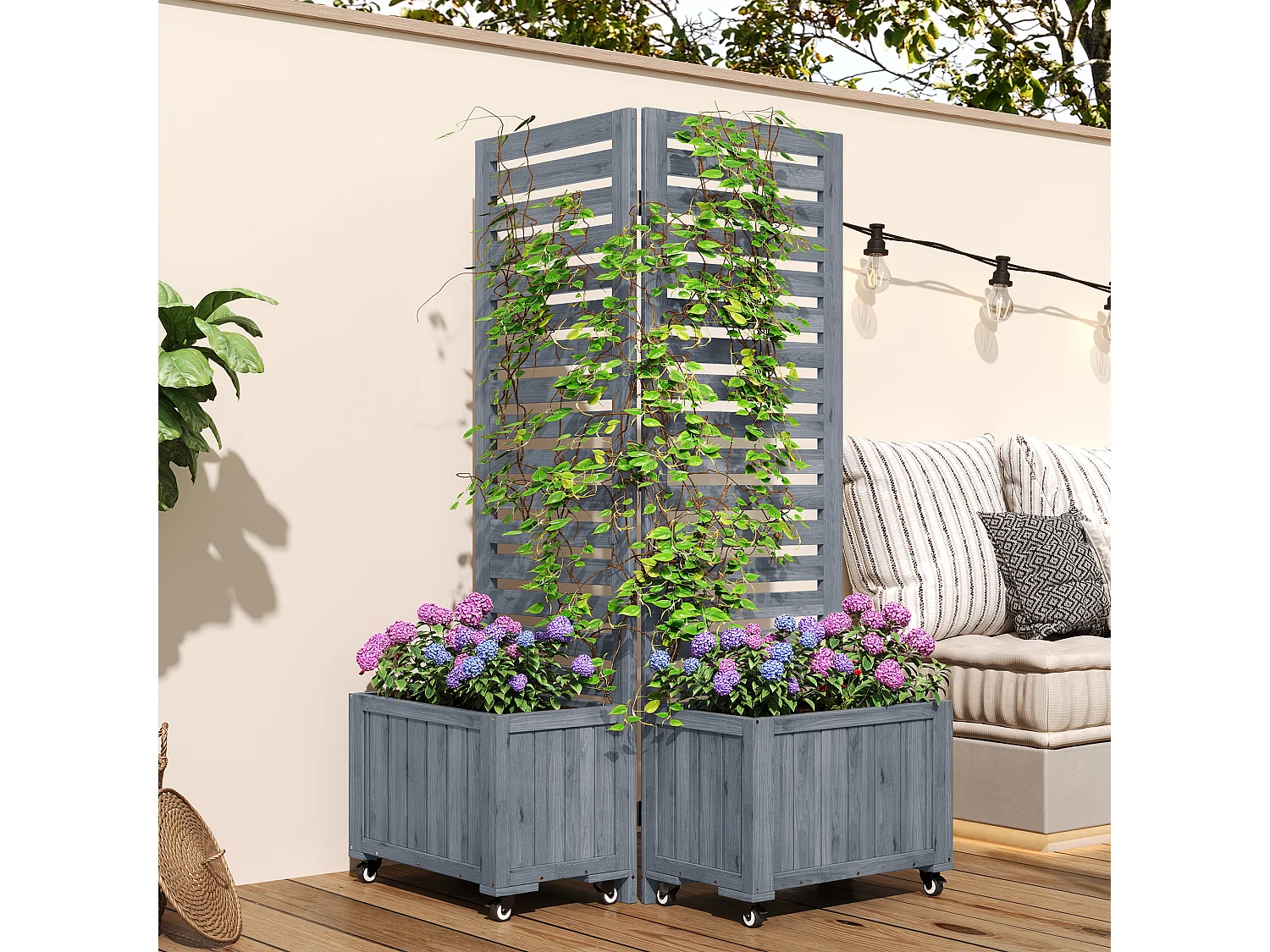 Double Jardinière avec Treillis en Bois de Sapin Massif - Brise-vue Mobile sur Roulettes - 102 x 32 x 152 cm - Gris