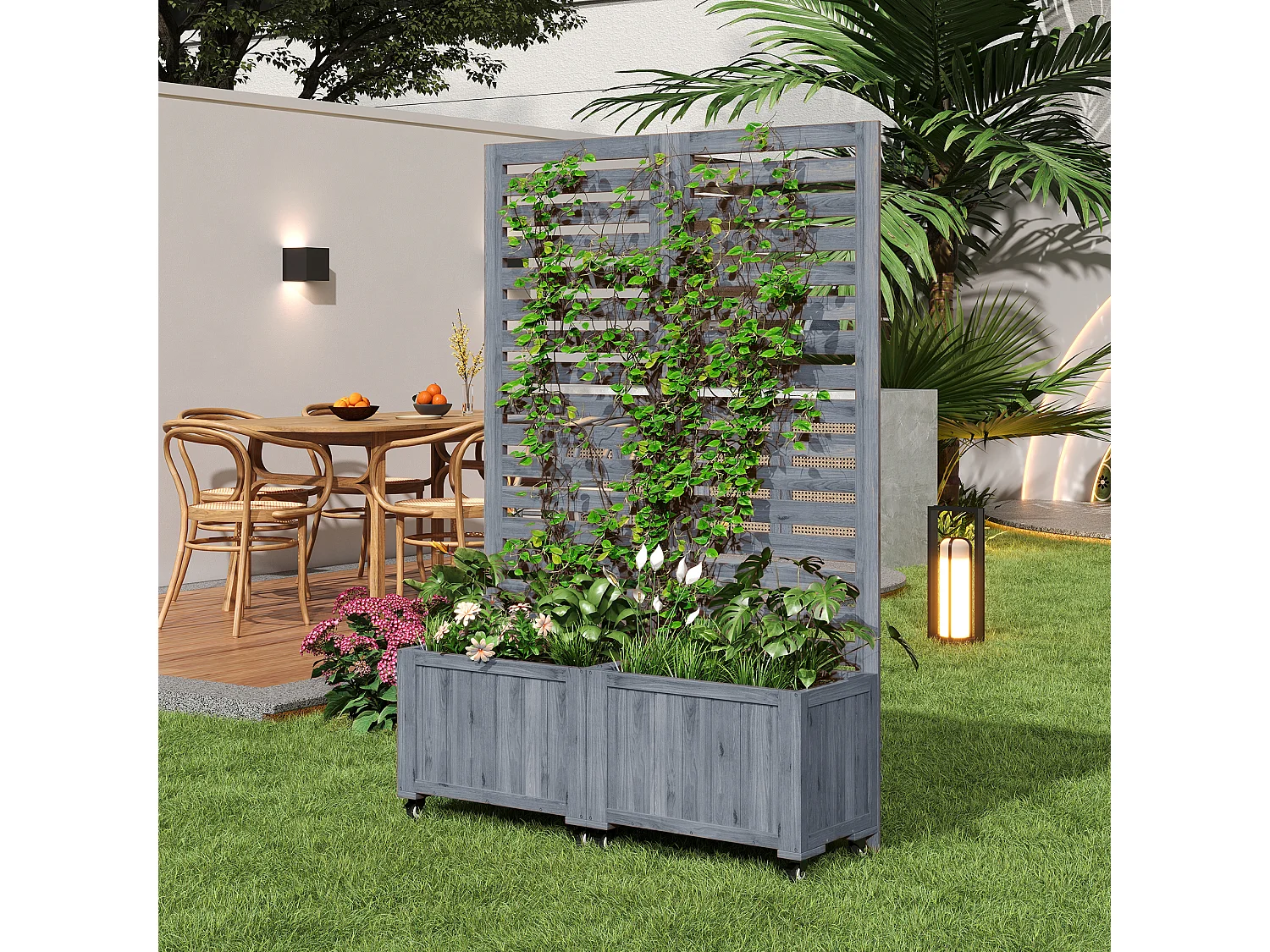 Double Jardinière avec Treillis en Bois de Sapin Massif - Brise-vue Mobile sur Roulettes - 102 x 32 x 152 cm - Gris